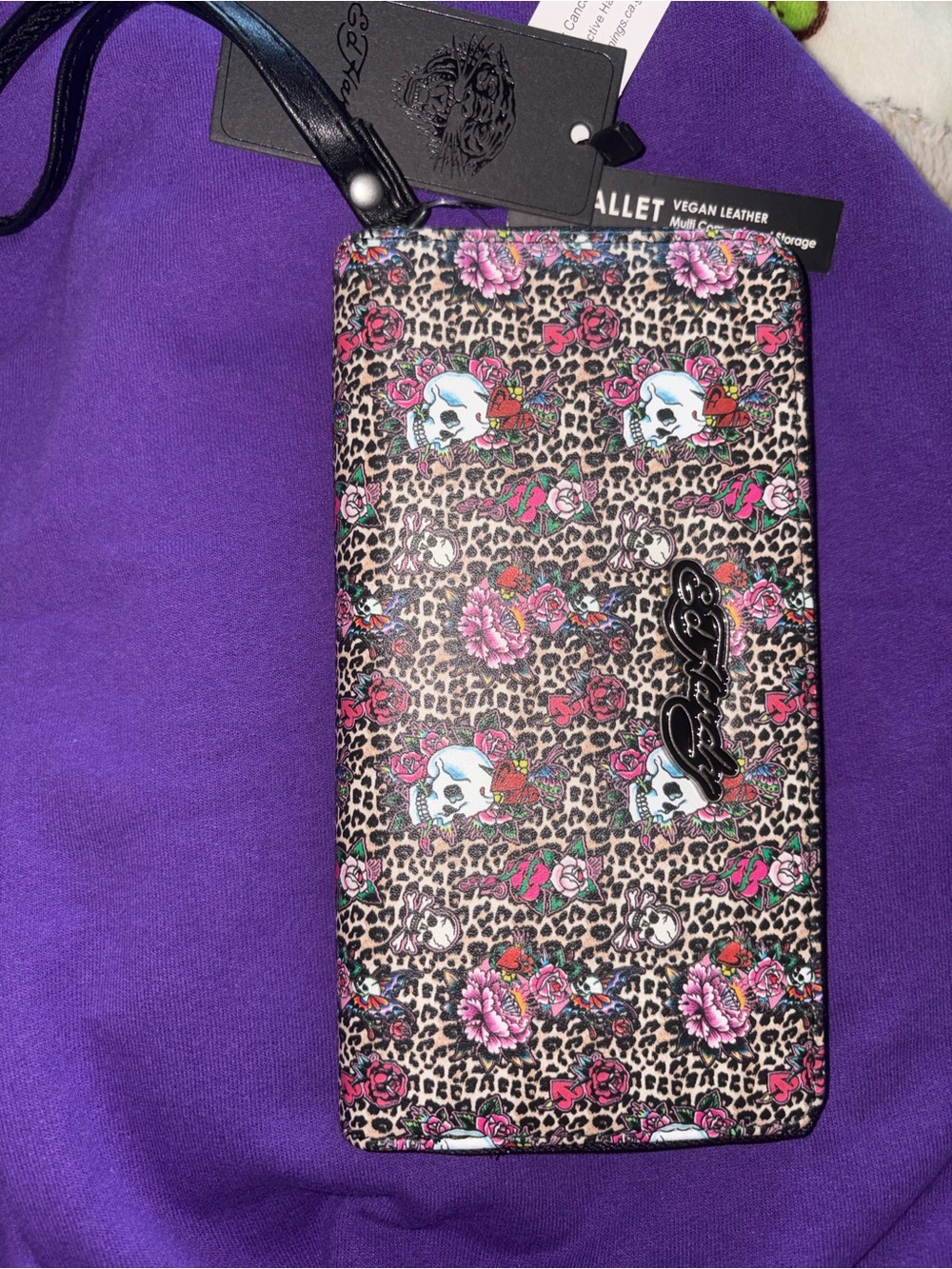 Ed Hardy Leopard Skull Floral Wristlet Wallet in Purple and Pink Accents